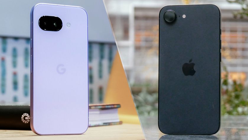 A split image of a Google Pixel 9a in Iris with an iPhone 16e in Black