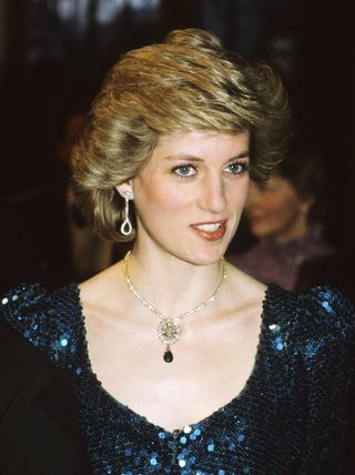 Diana, Princess of Wales, wearing a sea green sequined dress designed by Catherine Walker