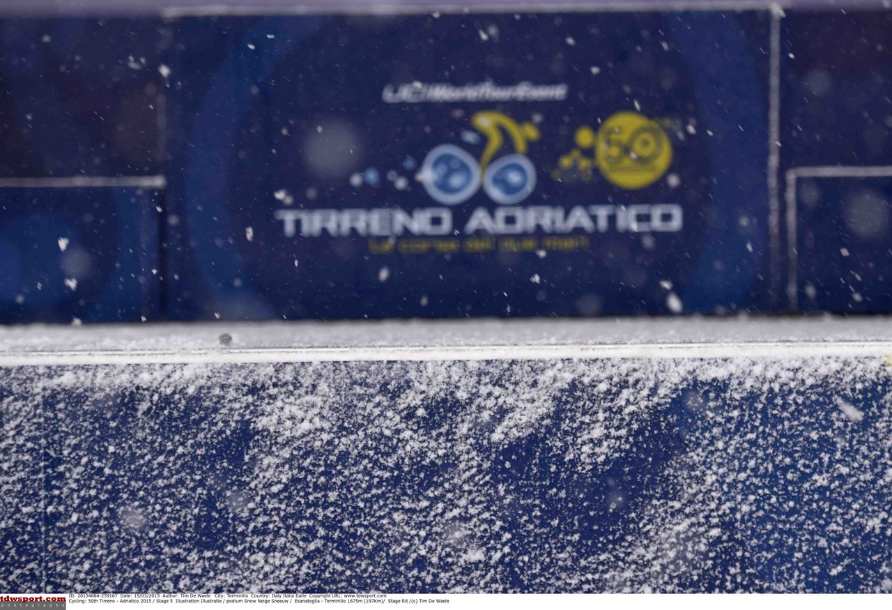 The Tirreno-Adriatico signage was just visible at the podium