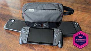 Tomtoc Arccos G-47 bag with Xbox Ally X, Steam Deck, and Legion Go 2.