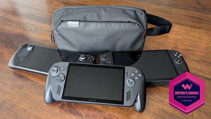 Tomtoc Arccos G-47 bag with Xbox Ally X, Steam Deck, and Legion Go 2. 