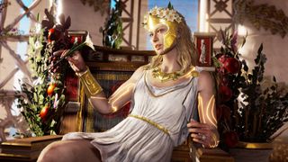 Persephone lounges in a throne, wearing a gold circlet, and gold wristbands
