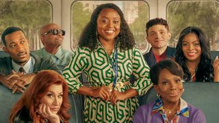 The cast of Abbott Elementary, (Clockwise from left) Tyler James Williams as Gregory Eddie, William Stanford Davis as Mr. Johnson, Quinta Brunson as Janine Teagues, Chris Perfetti as Jacob Hill, Janelle James as Ava Coleman, Sheryl Lee Ralph as Barbara Howard and Lisa Ann Walter as Melissa Schemmenti, on a bus