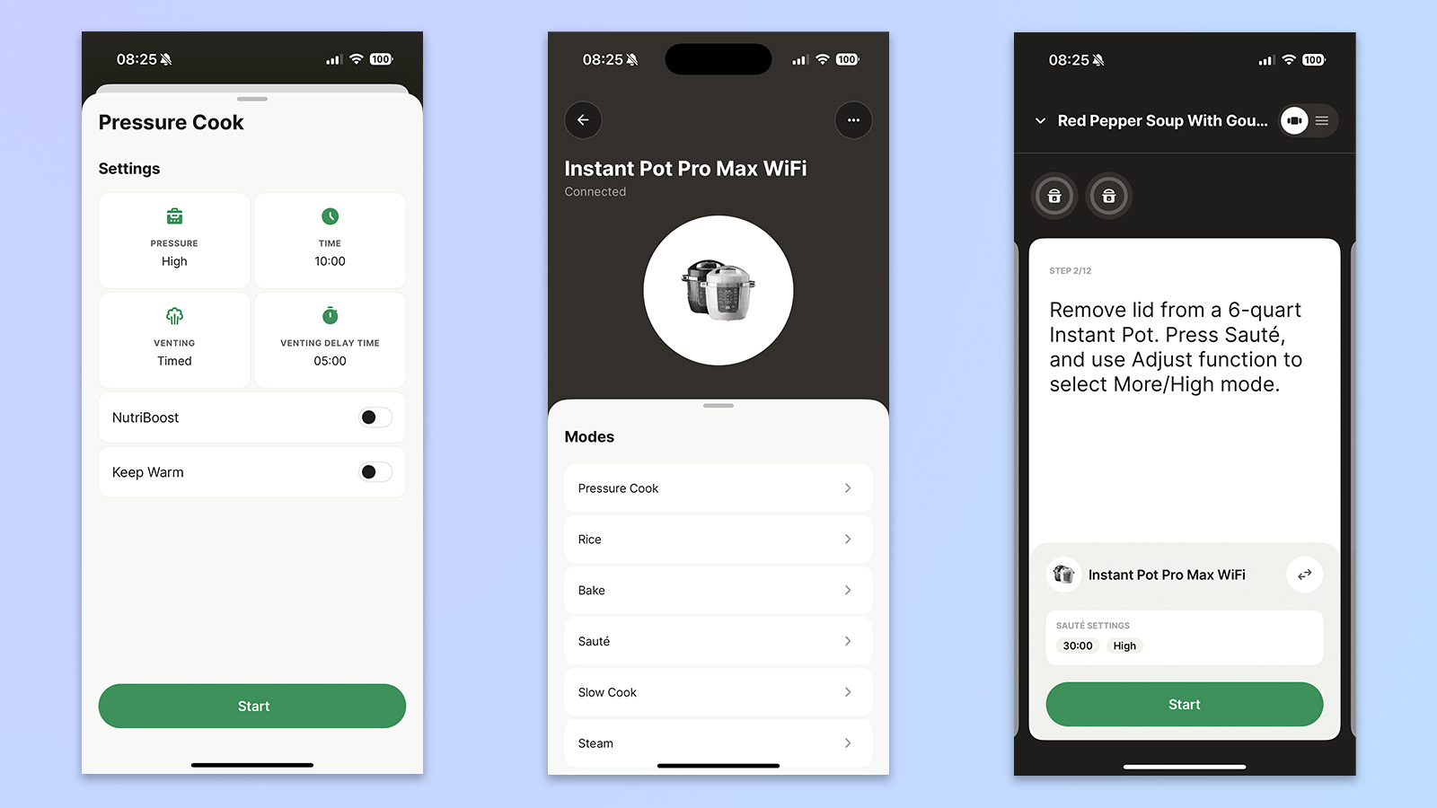 three screenshots from the instant connect app showing app compatibility with the instant pot pro
