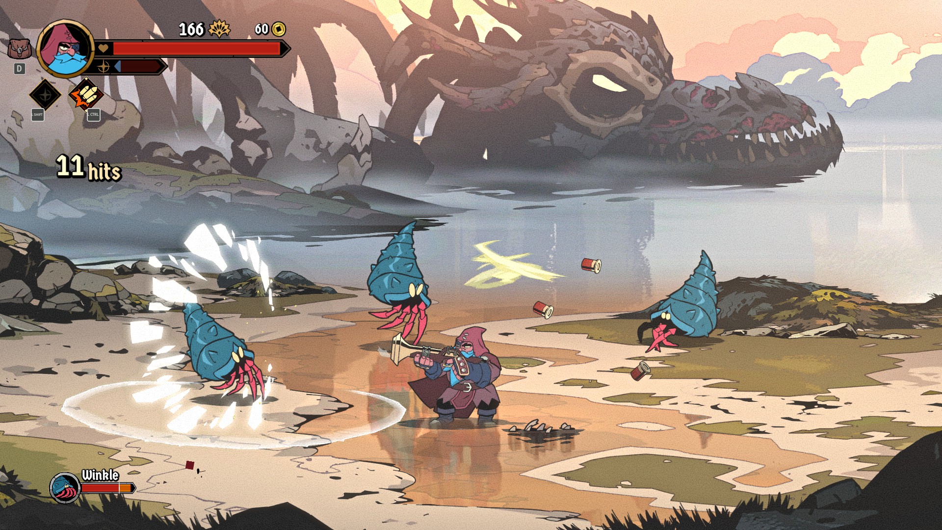 A dwarf with a gun fights shellfish in Absolum with a decaying dragon corpse in the background