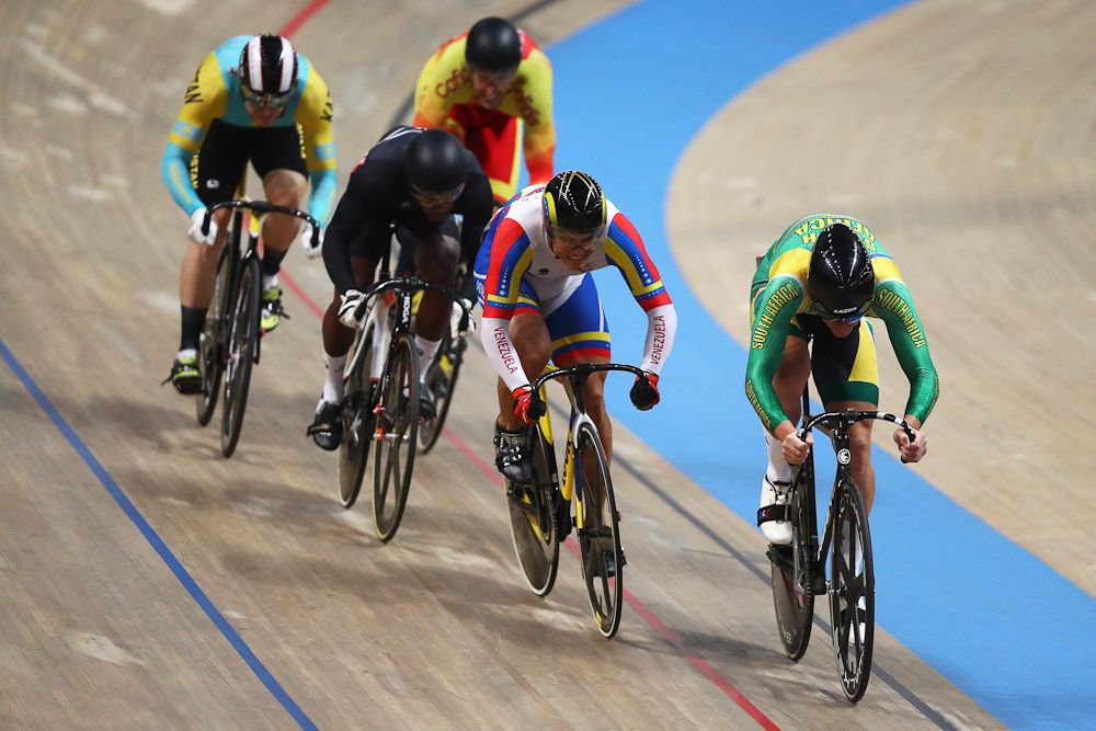 Sebastien Vigier of France, Tomas Babek of Czech Republic, Azizulhasni Awang of Malaysia, Hugo Barrette of Canada of Santiago Ramirez of Colombia and Jean Spies of South Africa compete in the Men's Keirin first round