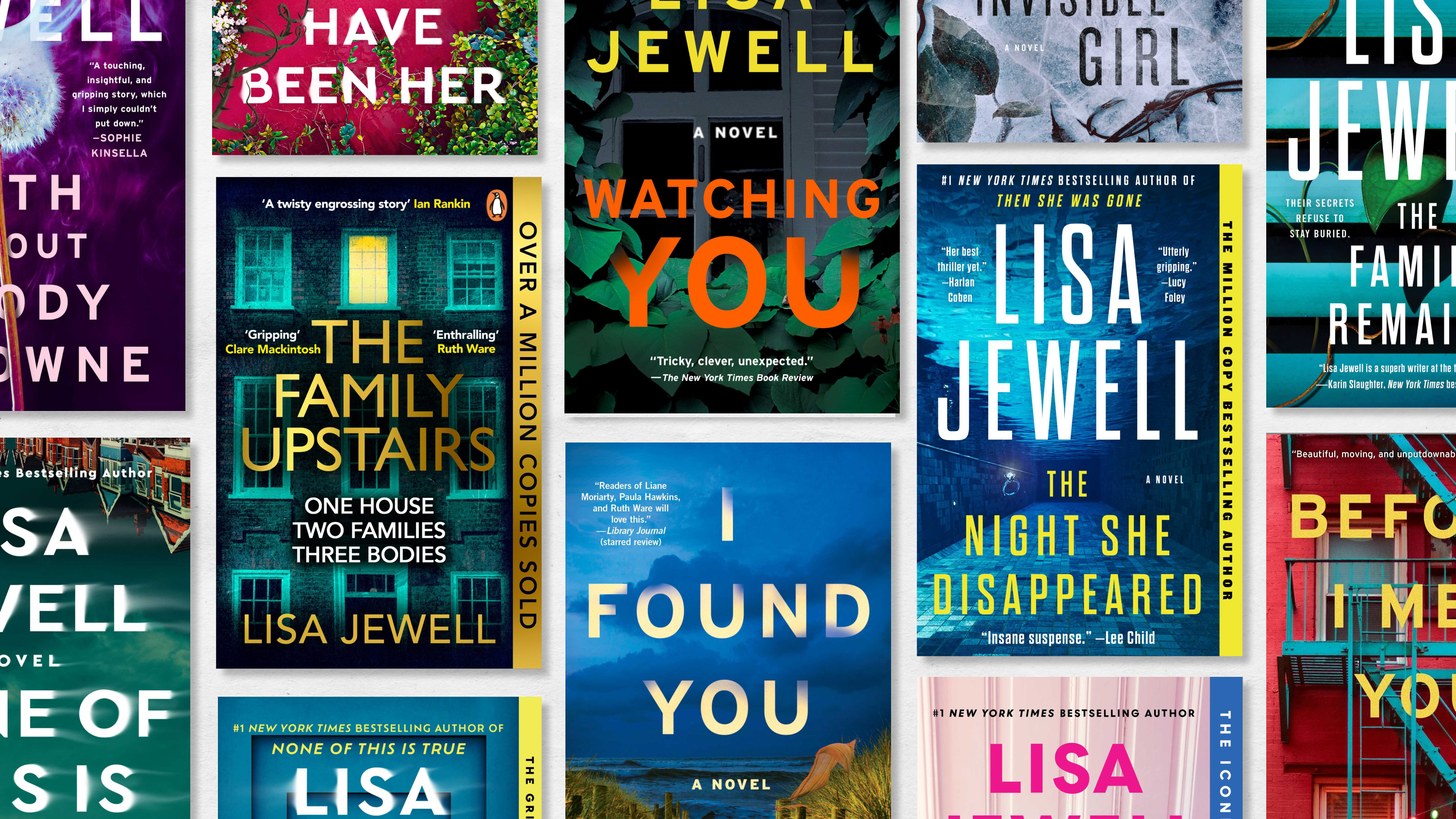 a collage of the book covers of the best thrillers by author lisa jewell including the family upstairs i found you and more