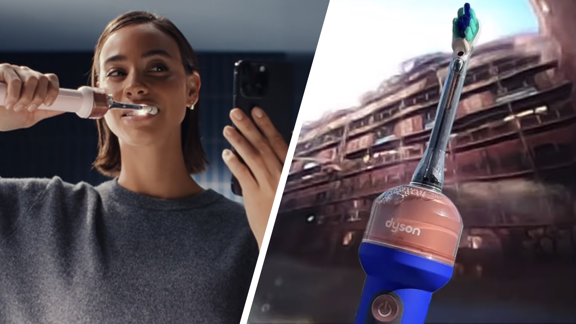 Dyson CameraJet electric toothbrush in use as a toothbrush and as a camera for street photography