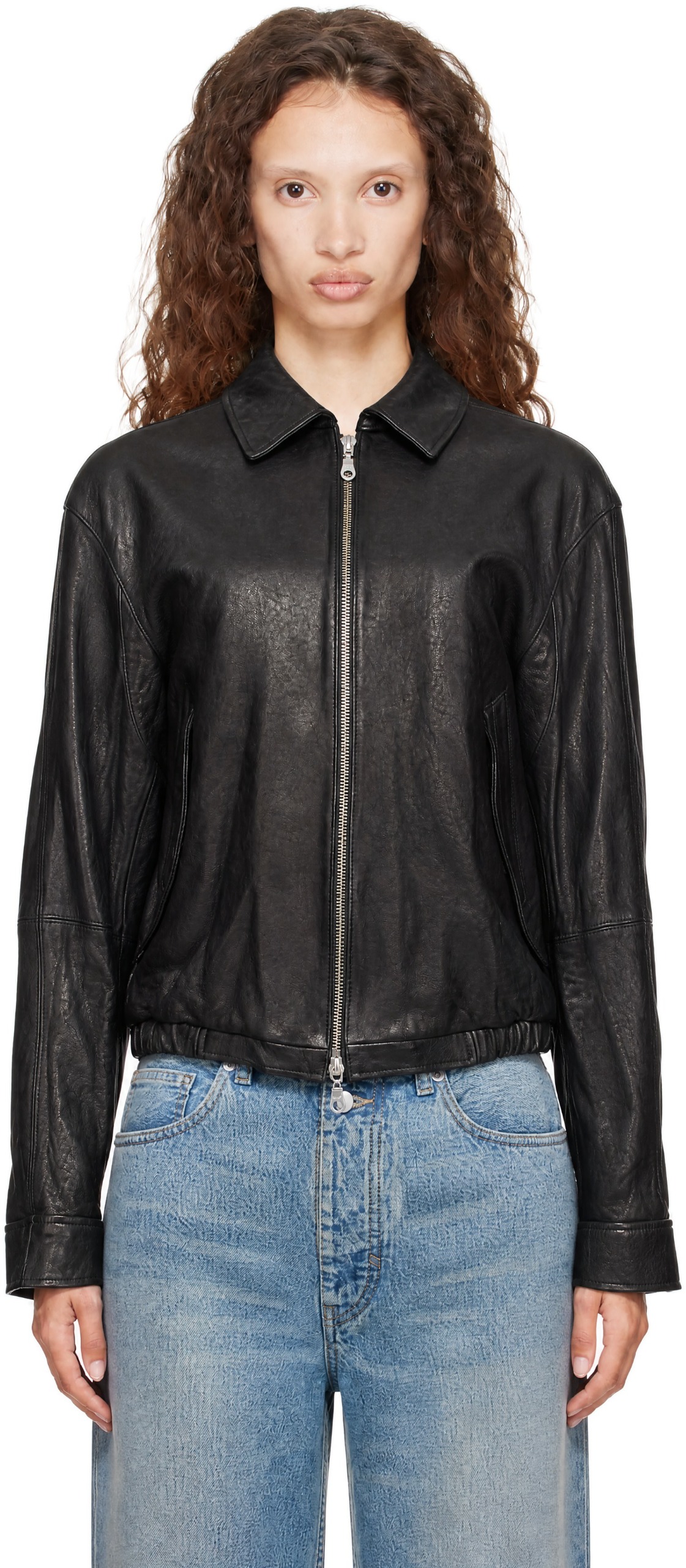 Black Vegetable Swingtop Pleated Leather Jacket