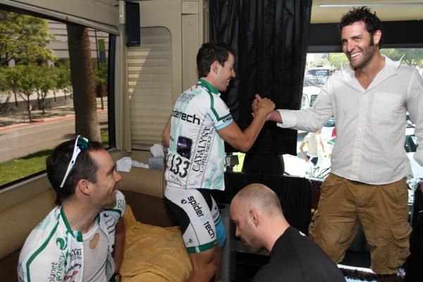 Racing the Amgen Tour of Calfornia is a big accolade for Team SpiderTech, the first Canadian team to be invited. Friends from Canada like Marc DuFour, right, have been stopping in to wish the riders luck.