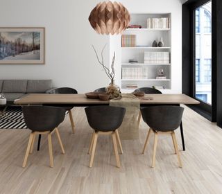 Brown porcelain, wood-effect tiles on a kitchen-diner floor
