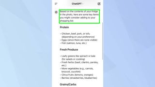 ChatGPT smart shopping list response