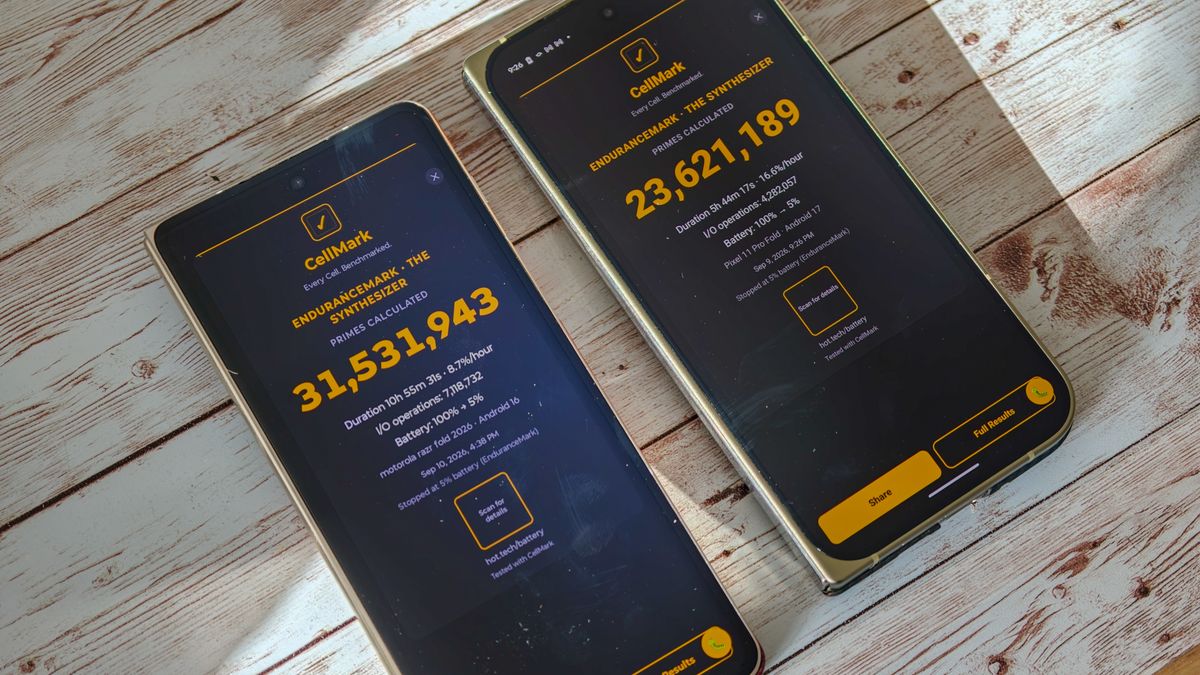 CellMark battery test running on the Z Fold 8 Ultra and Pixel 11 Pro Fold