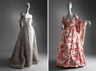 From left: Evening gown in silver grey silk, Ivory hand-painted evening gown