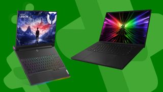 Lenovo Legion Pro 7i Gen 9 and Razer Blade 16 gaming laptops on a green background