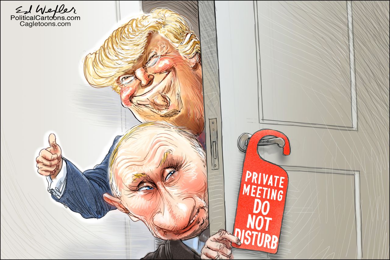 Political cartoon U.S. Trump Putin Russia Helsinki do not disturb