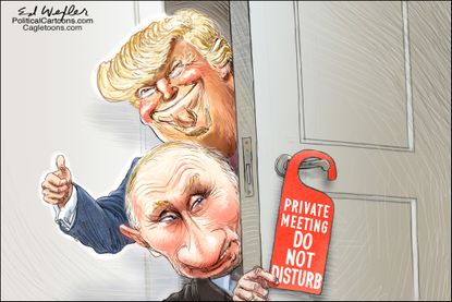 Political cartoon U.S. Trump Putin Russia Helsinki do not disturb