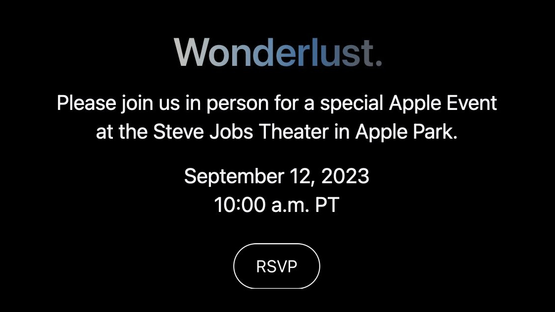The text on a black background from the Apple Wonderlust event invite
