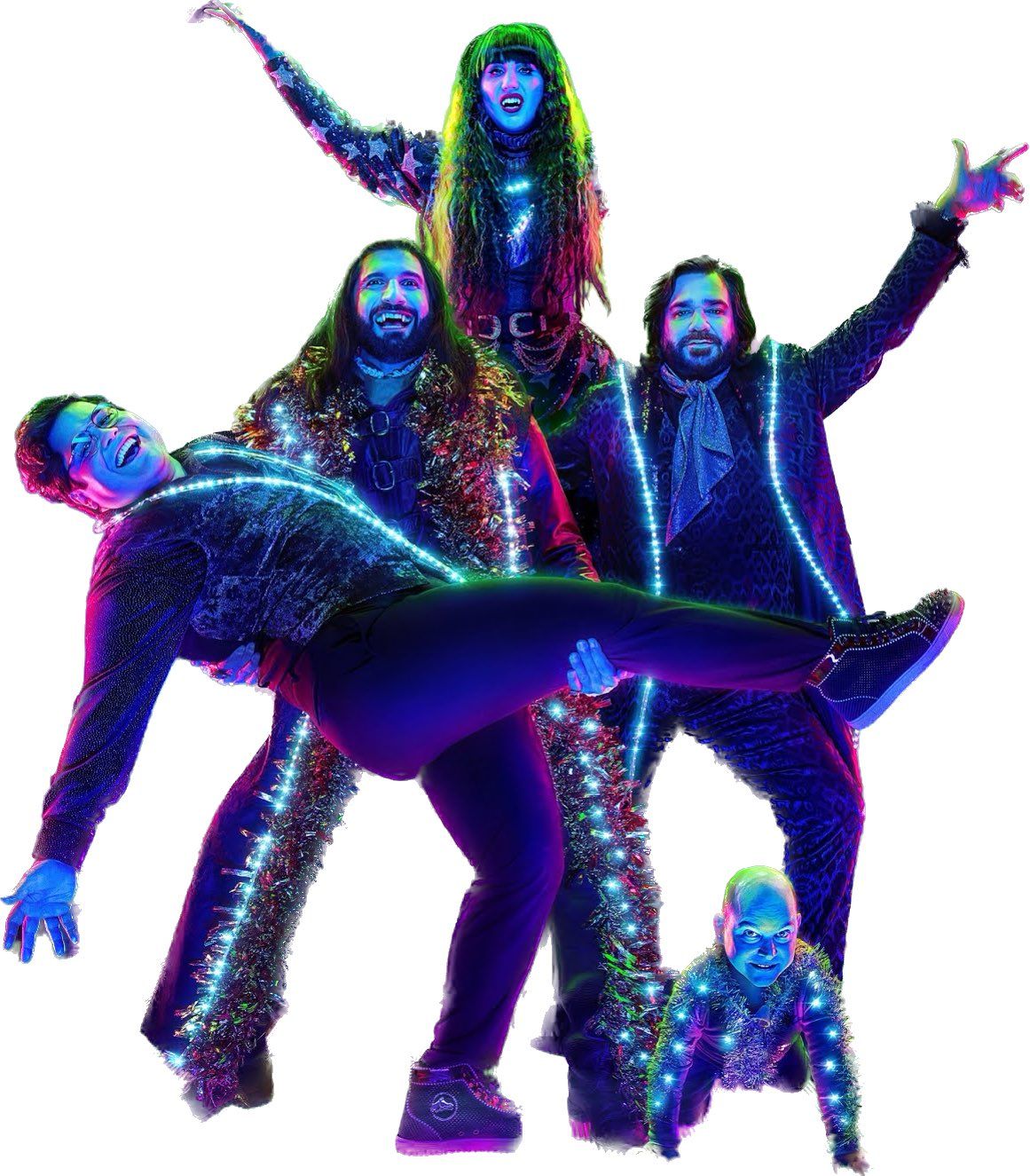 The cast of what we do in the shadows in press art, featuring (clockwise from left) Harvey Guillen as Guillermo, Kayvan Novak as Nandor, Natasia Demetriou as Nadja, Matt Berry as Laszlo and Mark Proksch as baby Colin Robinson, on a white background