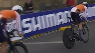 A screen capture from the race footage showing Van vleuten's crash