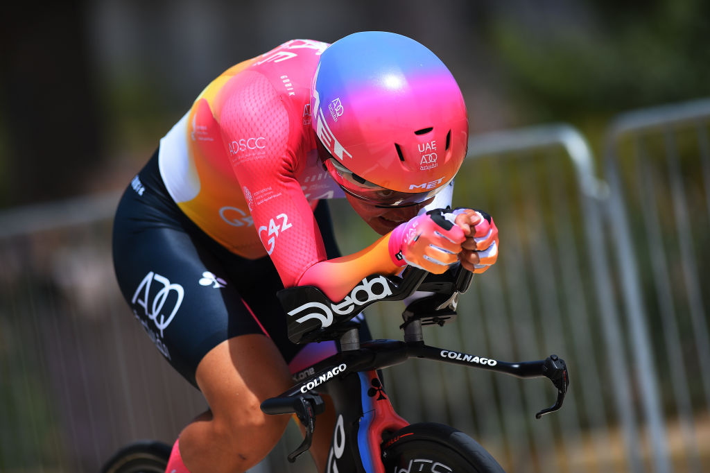 CAGLIARI ITALY  JUNE 30 Sofia Bertizzolo of Italy and UAE Team Adq sprints during the 33rd Giro dItalia Donne 2022  Stage 1 a 47km individual time trial stage from Cagliari to Cagliari  ITT  GiroDonne  UCIWWT  on June 30 2022 in Cagliari Italy Photo by Dario BelingheriGetty Images
